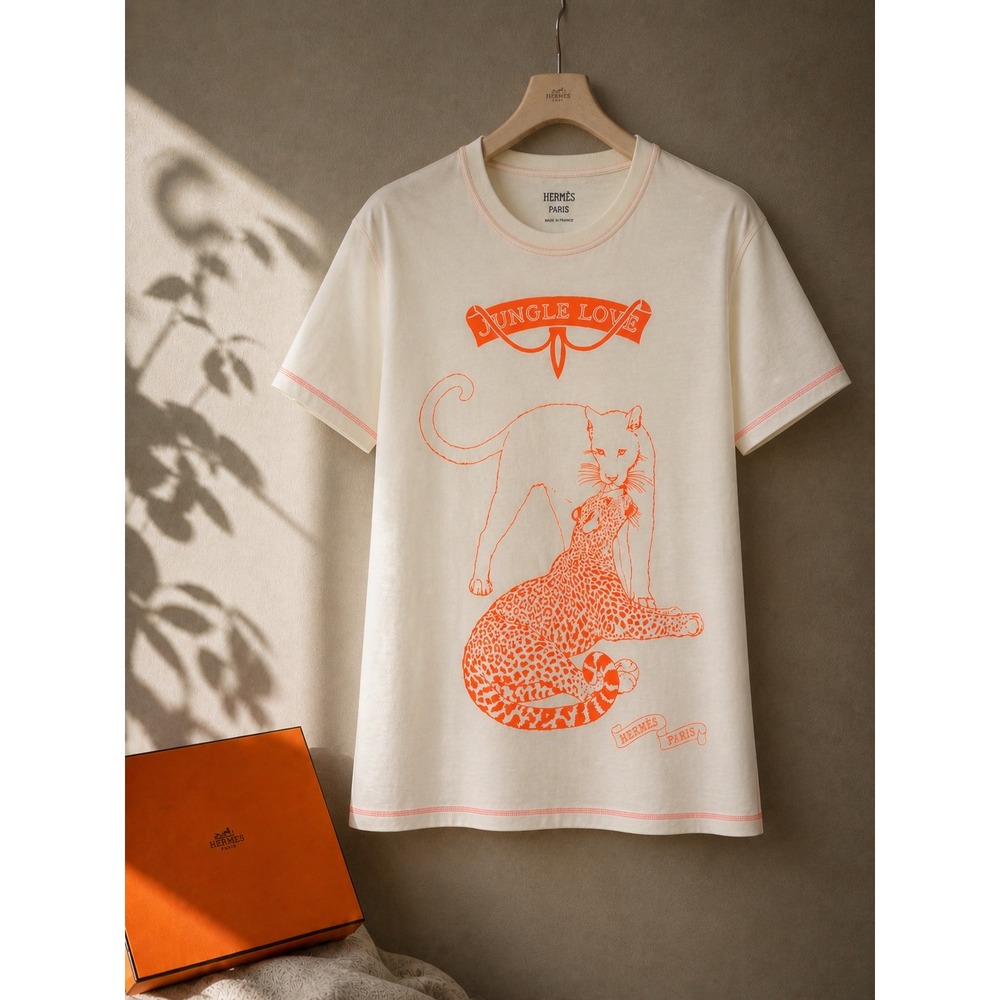 NWT Hermès Jungle Love Tee 36 Robert Dallet Neon Orange Beige Paille Leopard
